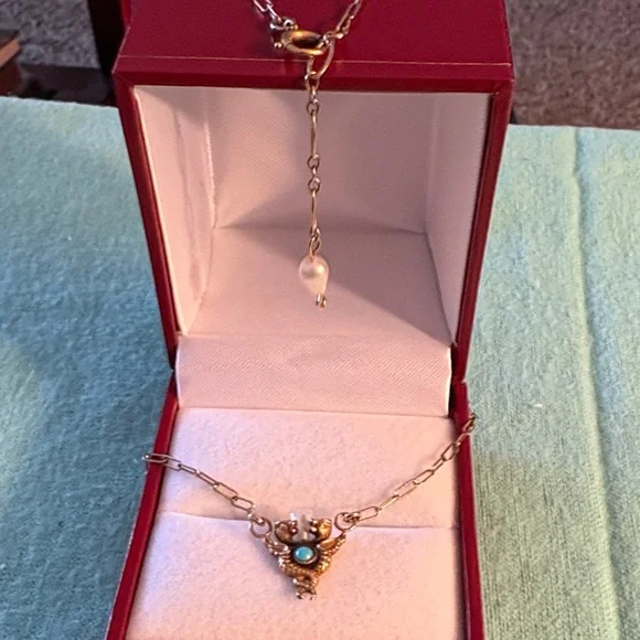 Antique Caduceus Necklace Turquoise Pearl Gold - Picture 6 of 7